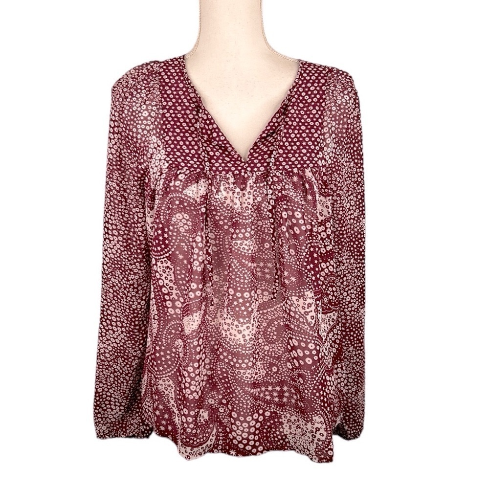 GAP Burgundy & White Floral Sheer Boho V-Neck Long Sleeve‎ Top Size Small